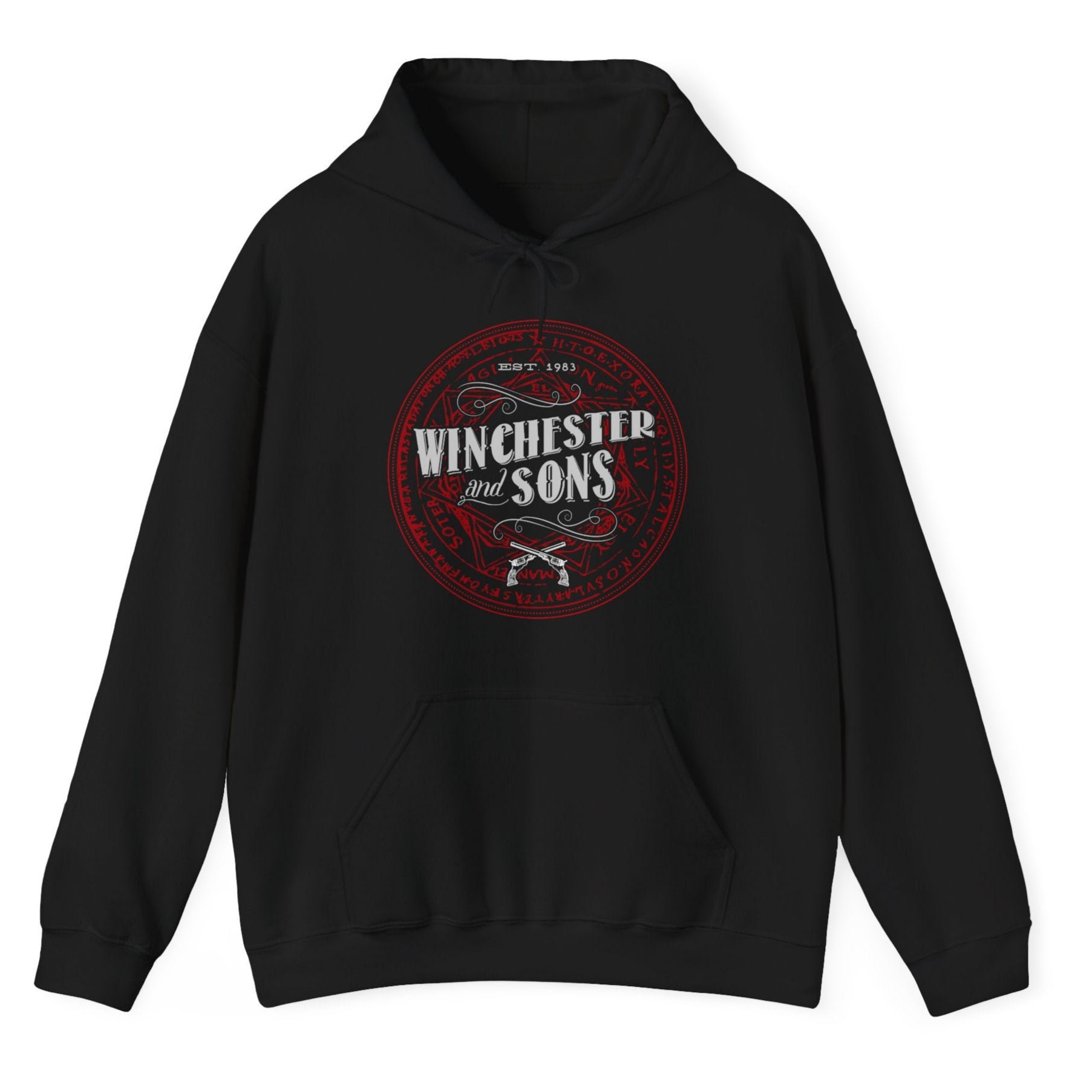 Black t-shirt with a distressed 'Winchester and Sons' logo and the slogan 'Est. 1983' surrounded by decorative elements in red.