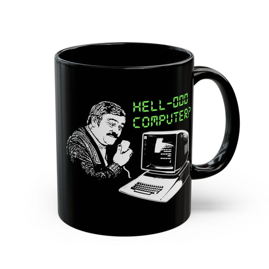 Black mug with a graphic of a man at a computer and text 'HELL-LO COMPUTER?' on a white background
