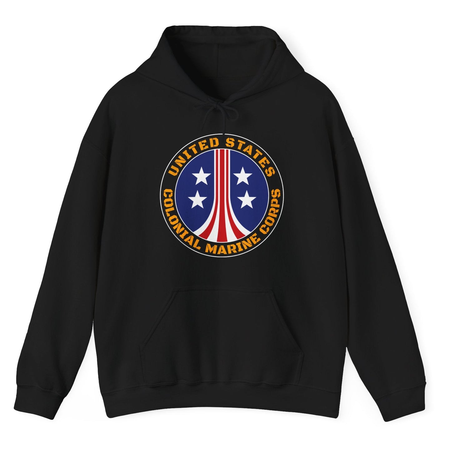 Black hoodie with a circular logo featuring stars and stripes on a white background