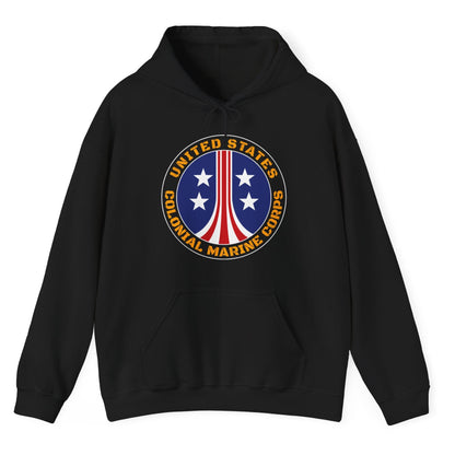 Black hoodie with a circular logo featuring stars and stripes on a white background