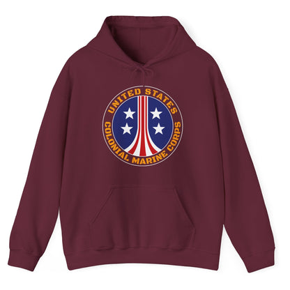 Maroon hoodie with a circular emblem featuring stars and stripes on a white background