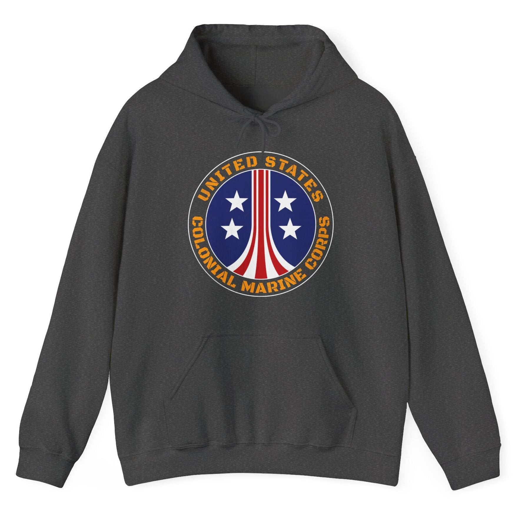 Dark gray hoodie with a United States Colonial Marine Corps logo on a white background