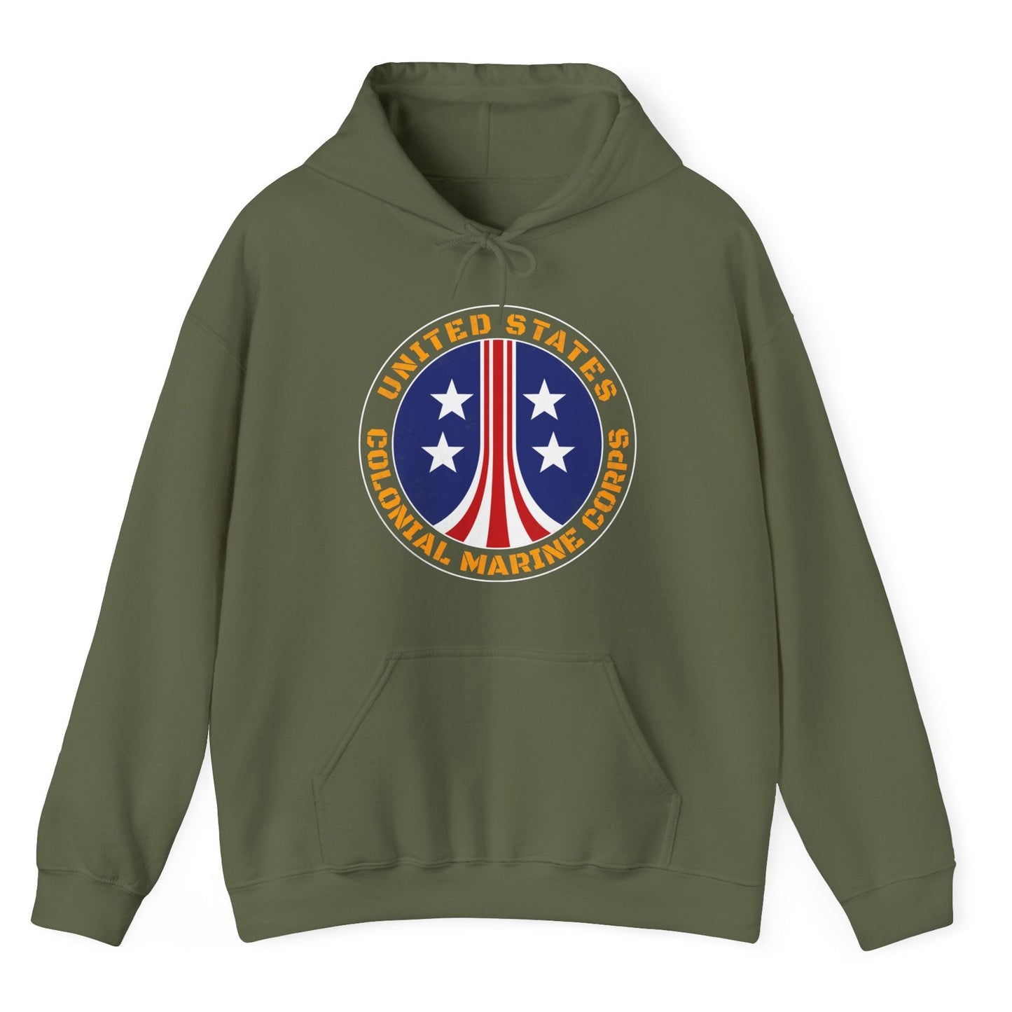 Green hoodie with a circular logo featuring stars and stripes on a white background