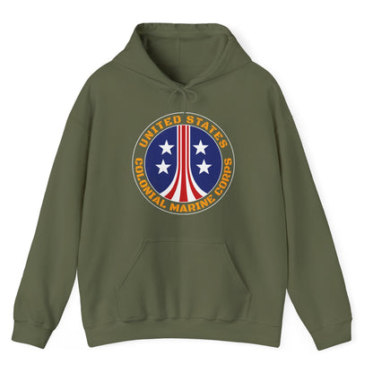 Green hoodie with a circular logo featuring stars and stripes on a white background